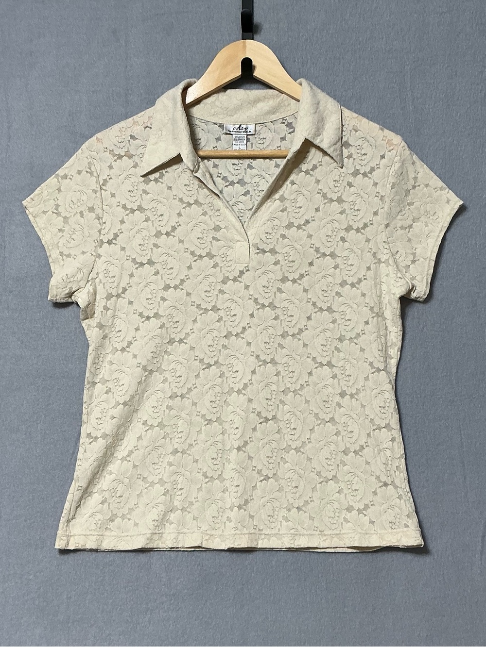 CDW Creative Design Works Short Sleeve Ivory Floral Lace Collared Top L